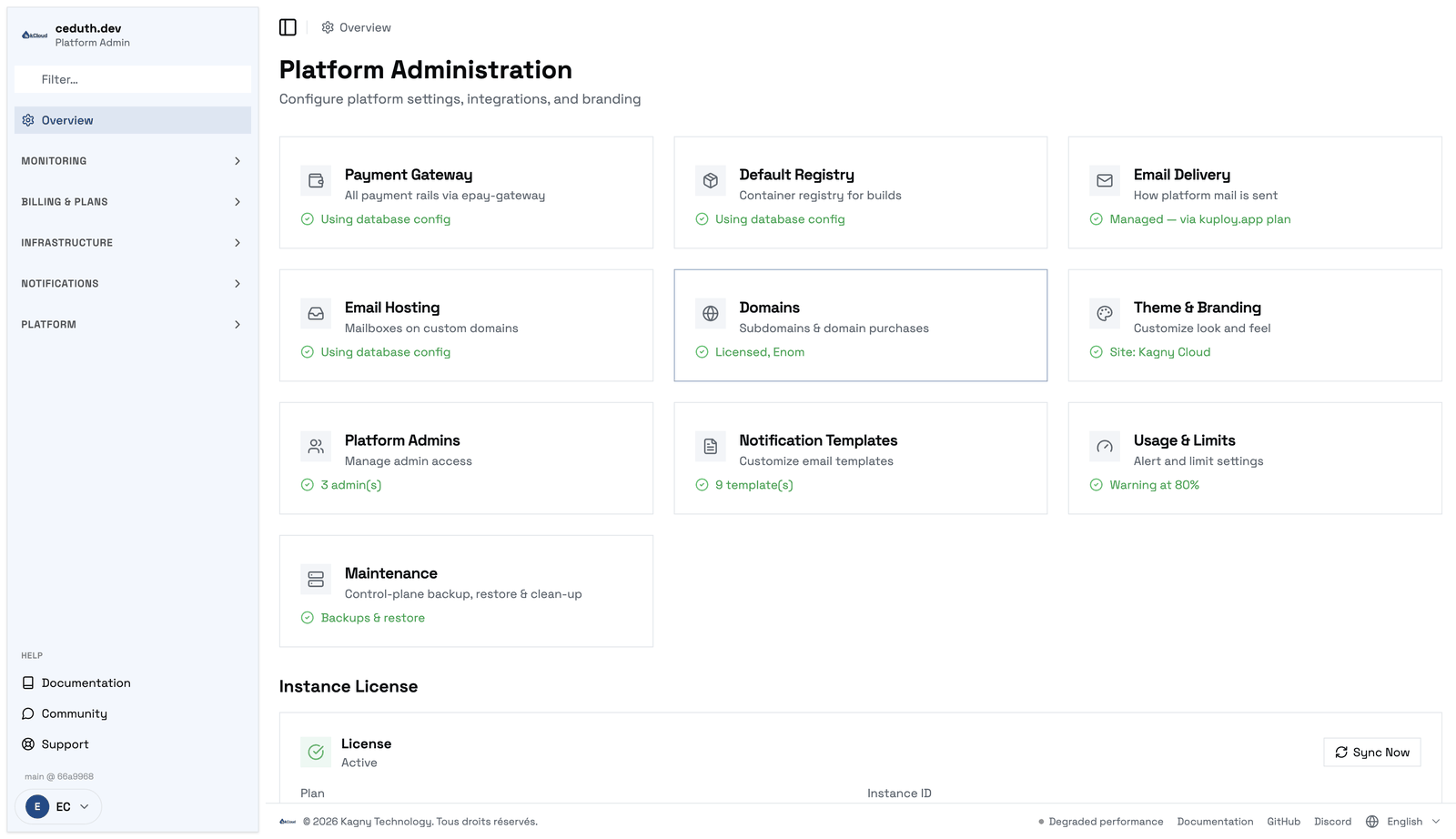 The admin overview: payment gateway, registry, email, domains, branding, admins, templates, usage and maintenance at a glance