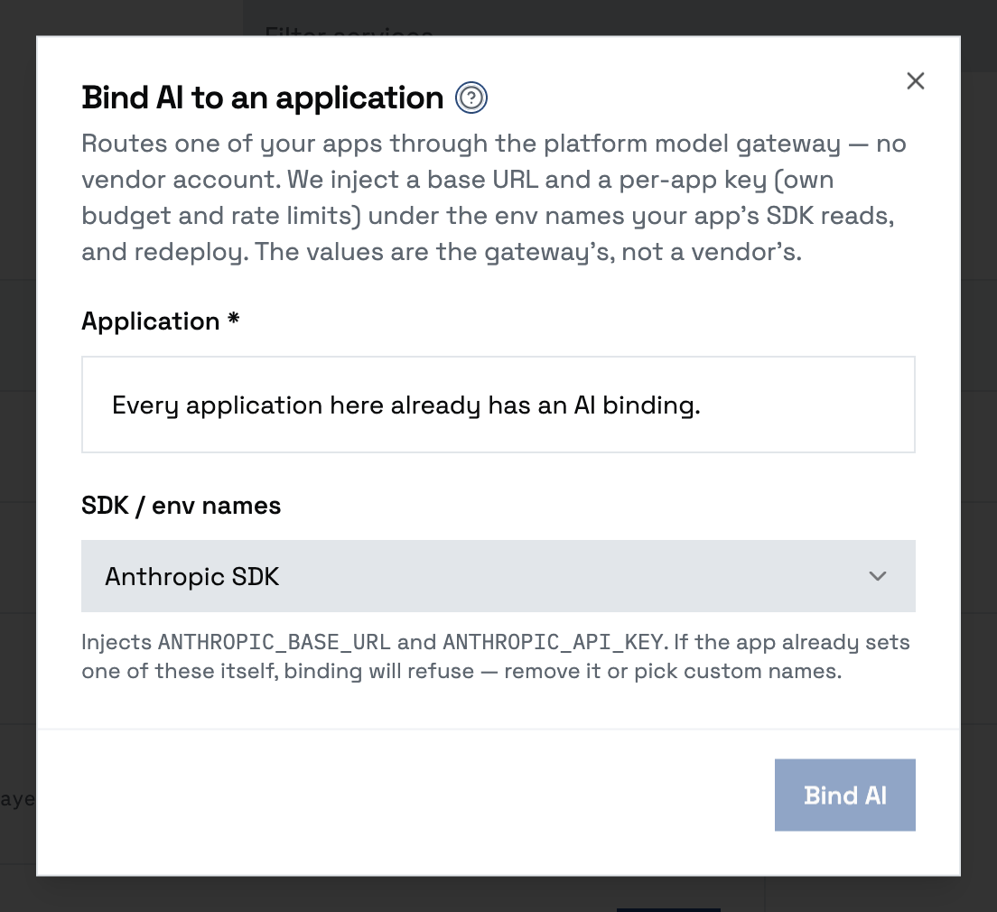 Create Service → AI Model Access: pick the application and the SDK whose env names to inject, then Bind AI