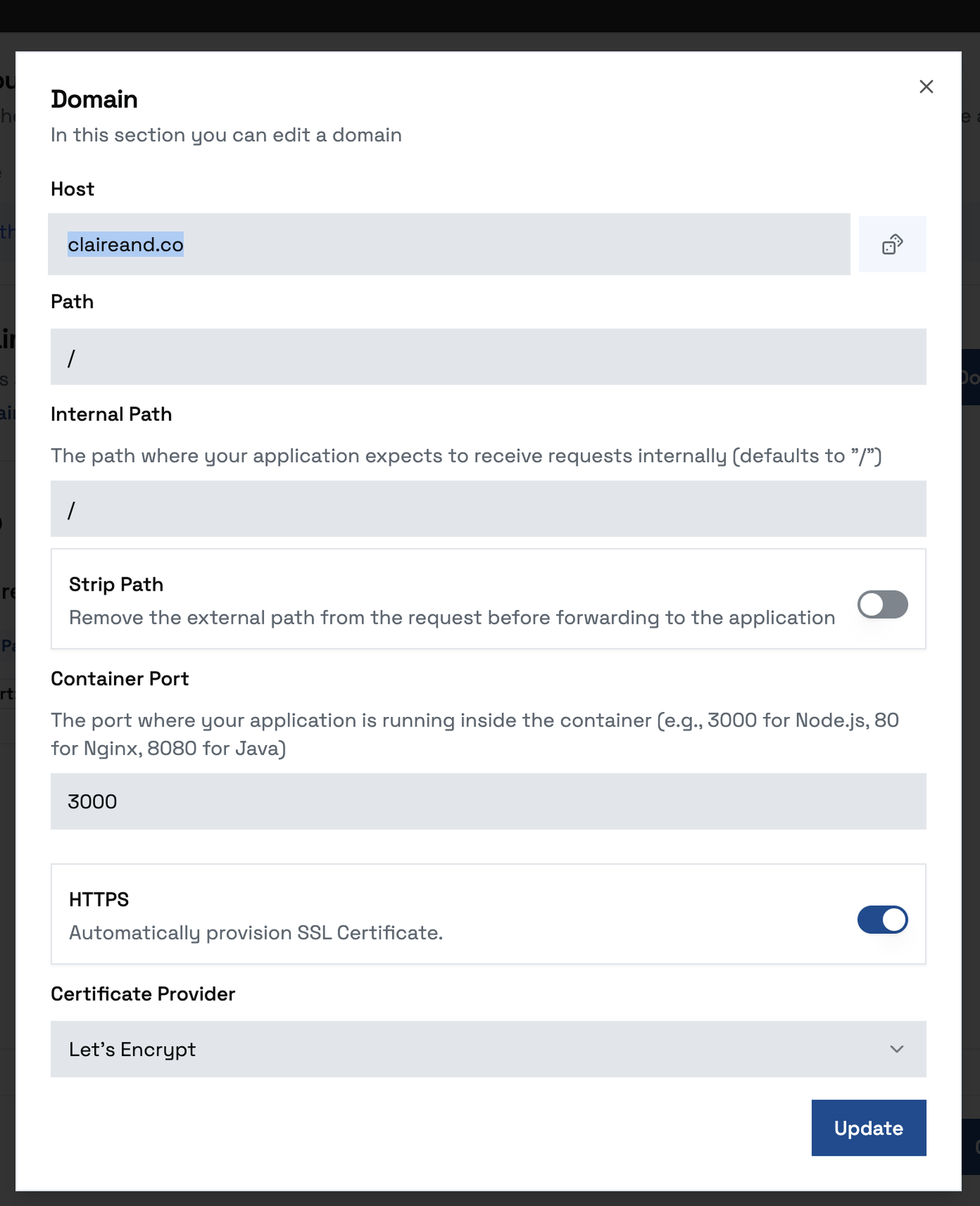 Editing a domain: host, path, internal path, container port, HTTPS and certificate provider