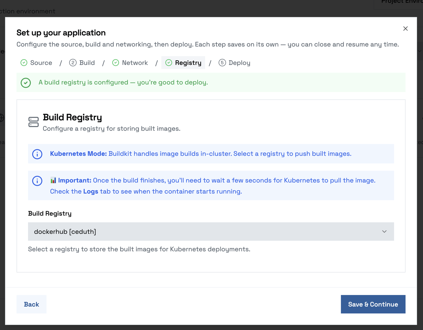The Registry step, with a build registry selected