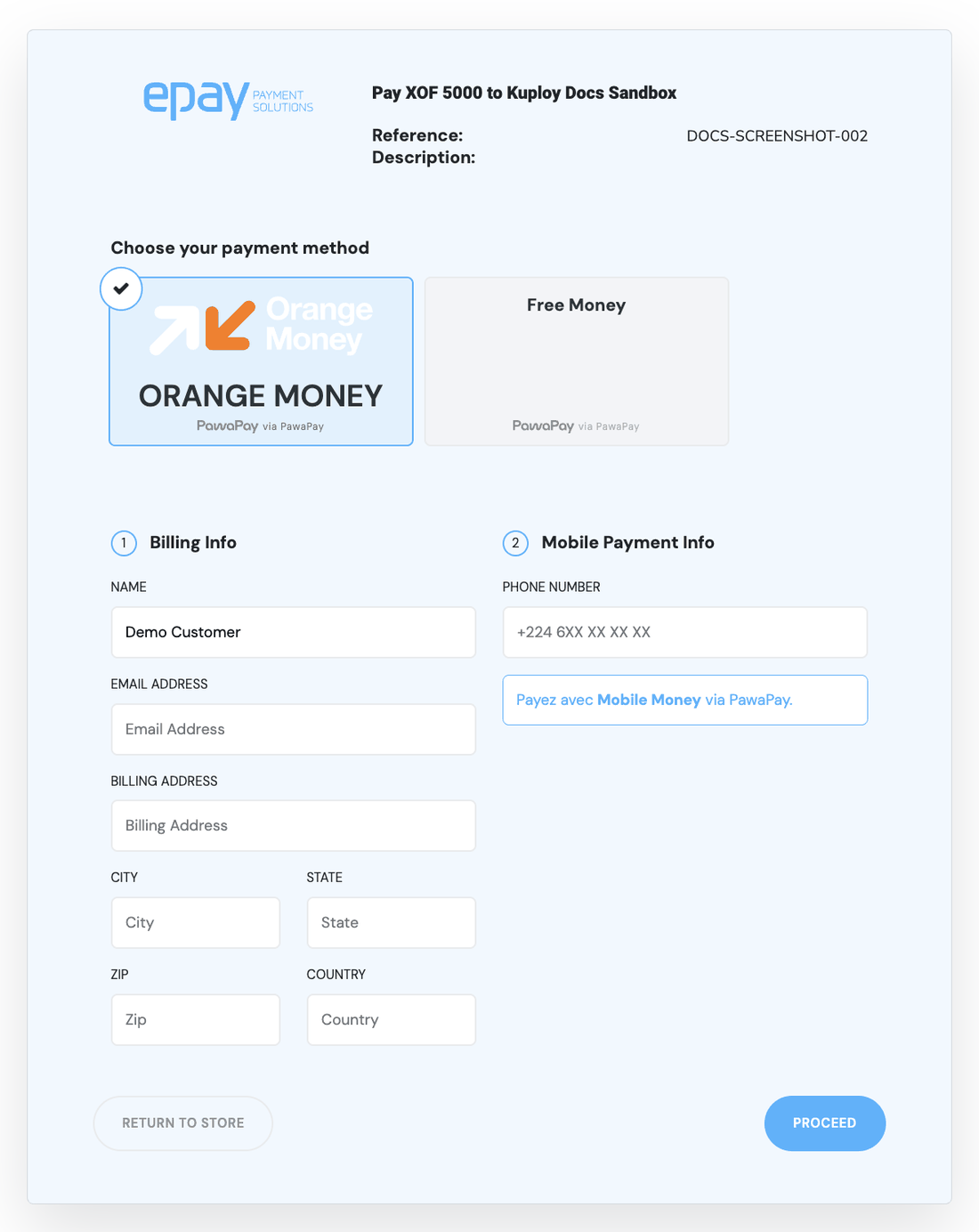 The checkout counter: the amount and reference, the payment methods, and the details the chosen method needs