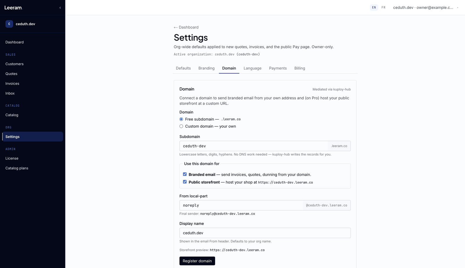 Settings → Domain: a free subdomain or your own domain, for branded email and the storefront