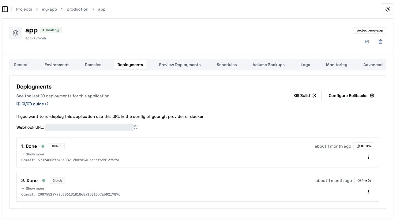 The Deployments tab: the redeploy webhook, and each deployment with its commit