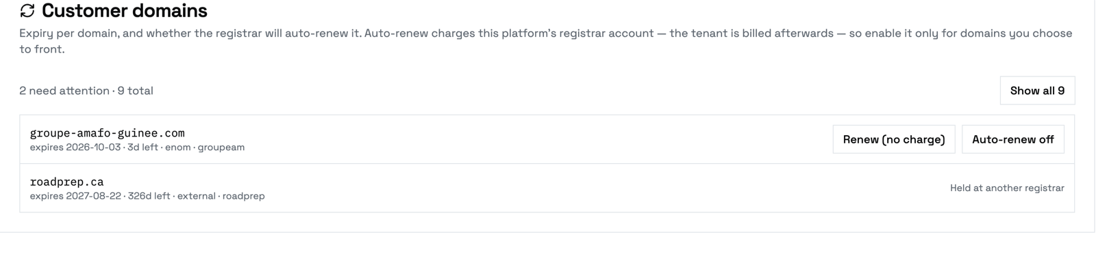Admin → Domains → Customer domains: the worklist, with auto-renew per domain