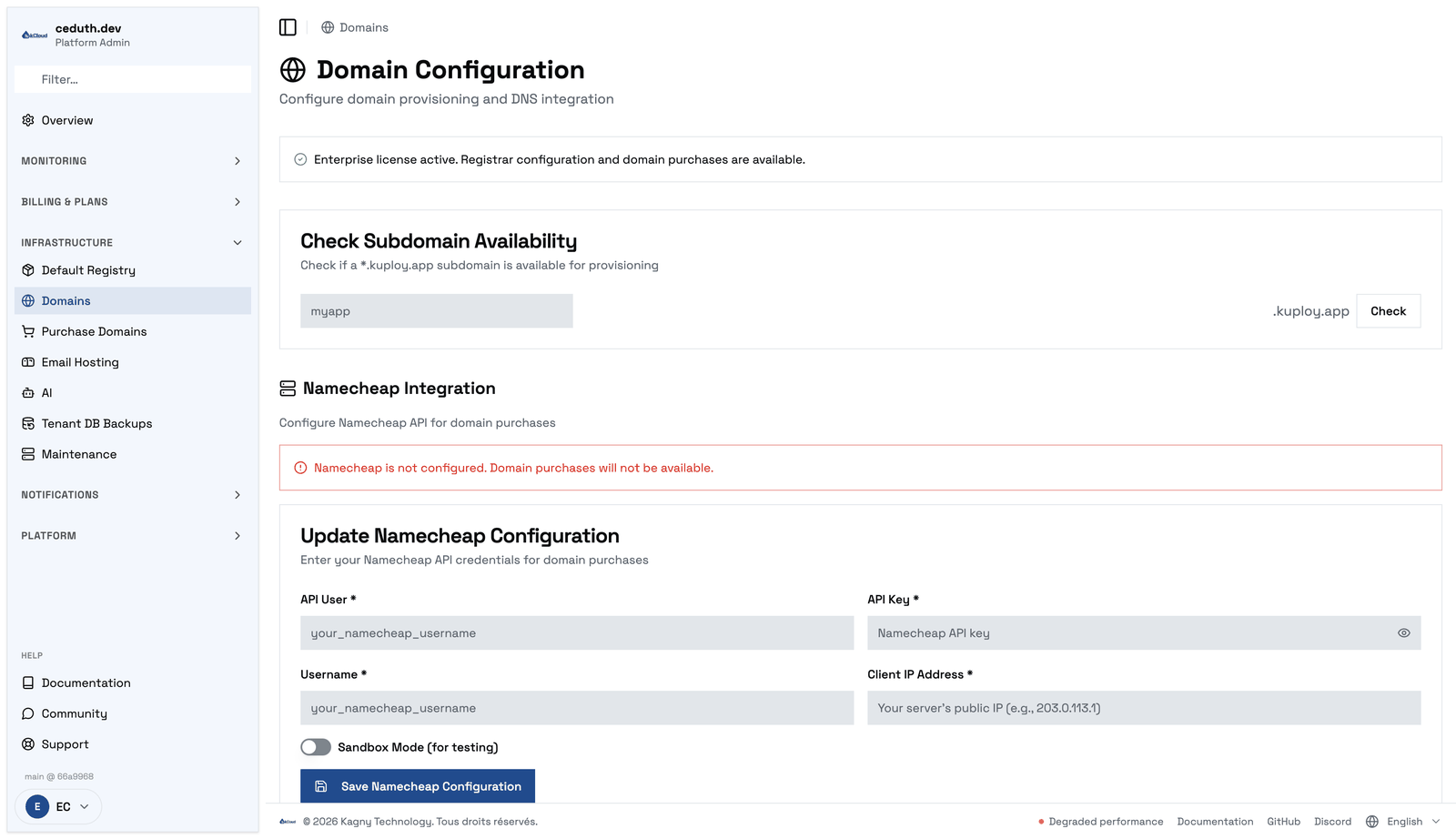 Domain Configuration: subdomain availability and the registrar integration