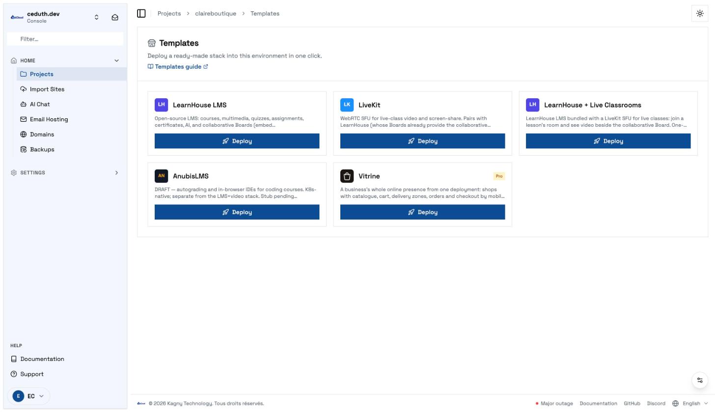 The template gallery: five templates as cards, each with a Deploy button. The Vitrine card carries a Pro badge