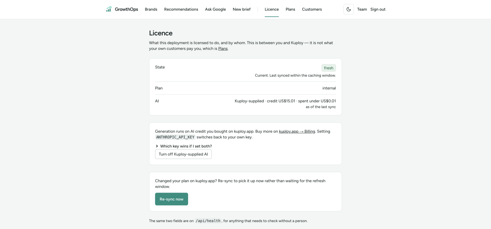 The license page after a claim: fresh, on the tier the hub reports