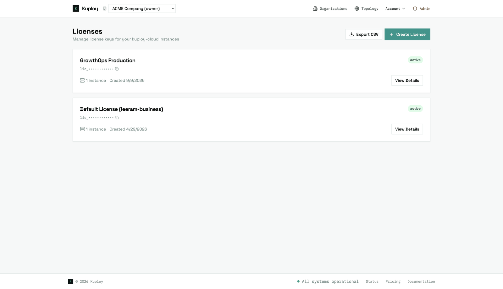 The Licenses page on kuploy.app: each license, its instances, and when it was created