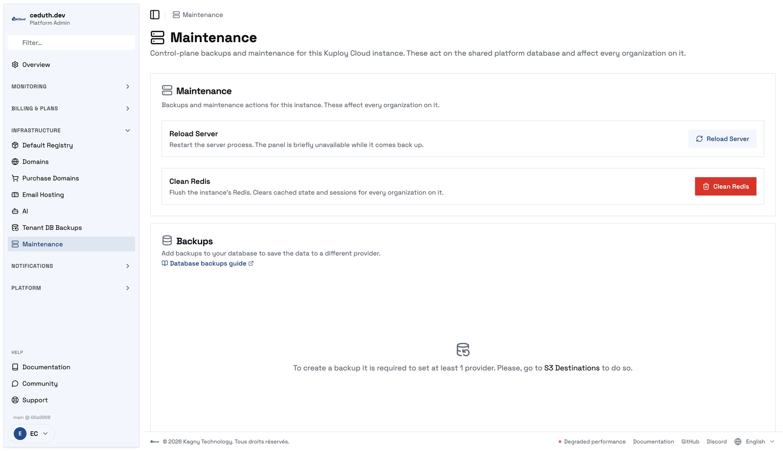 Maintenance: reload the server, clean Redis, and control-plane backups