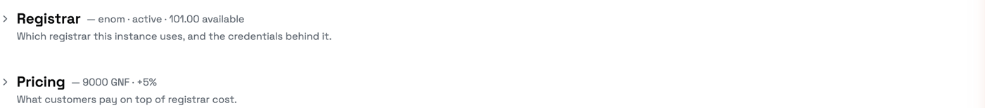 The collapsed Registrar and Pricing sections, each summarising itself — “enom · active · 101.00 available”
