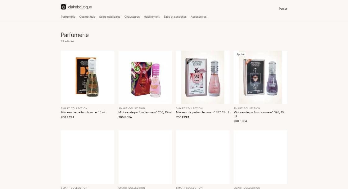 A category page showing real products with their own photos, prices and an out-of-stock badge