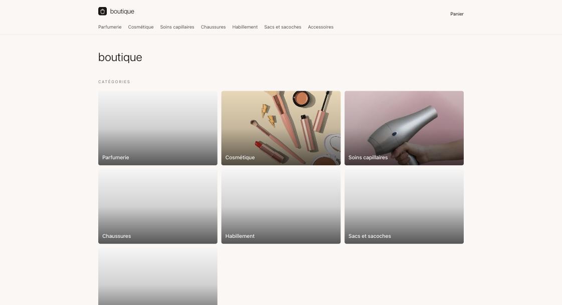 The deployed shop: seven product categories with cover photos, a cart link, and the shop name