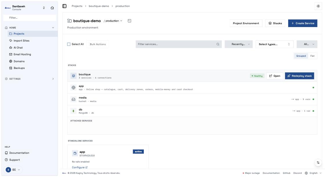 The stack after deploying: three services — app, media bucket and MongoDB — all healthy, with their connections shown