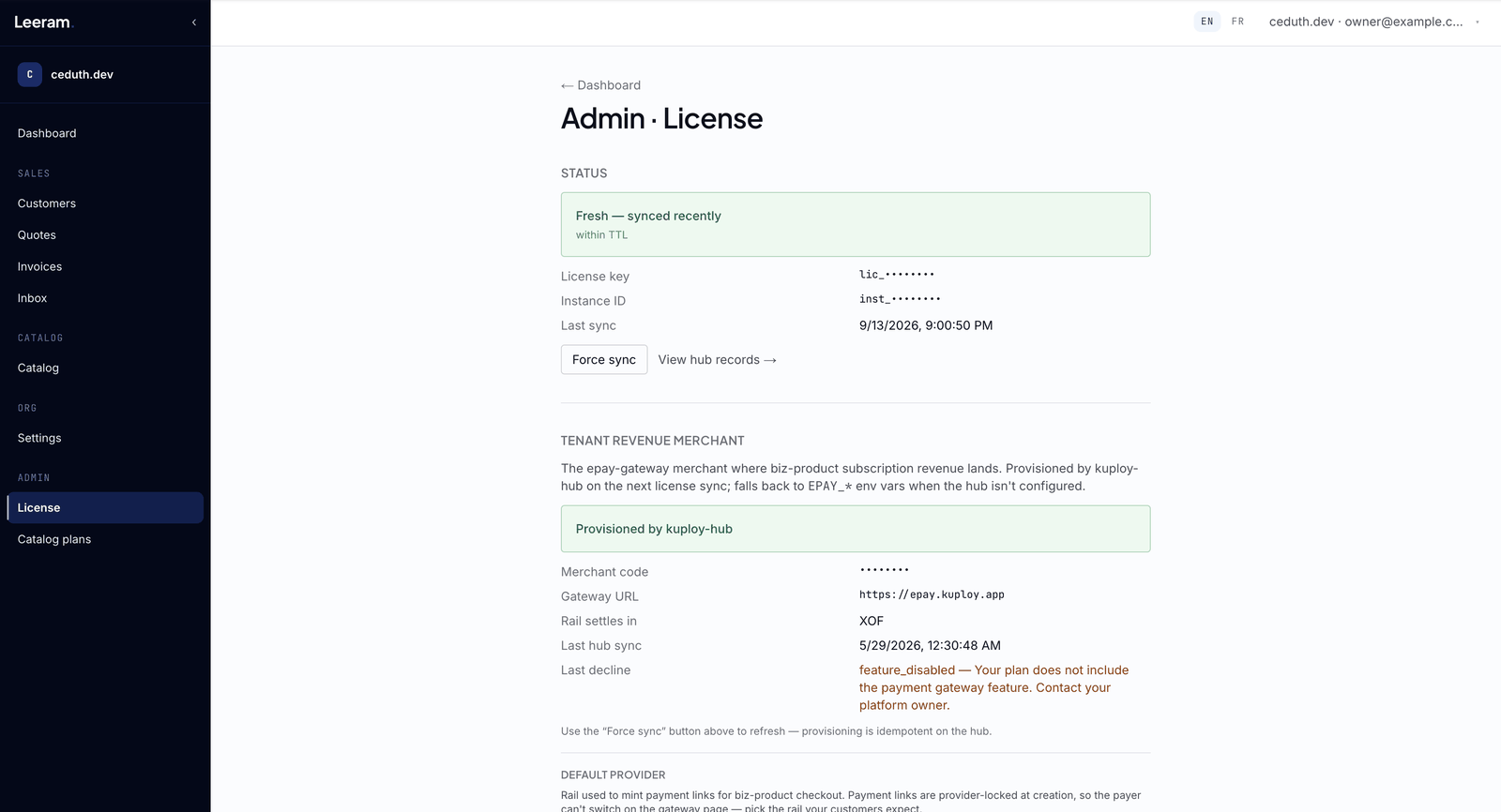 /admin/license sur Leeram Business : l’état, la licence, et le compte marchand du revenu exploitant
