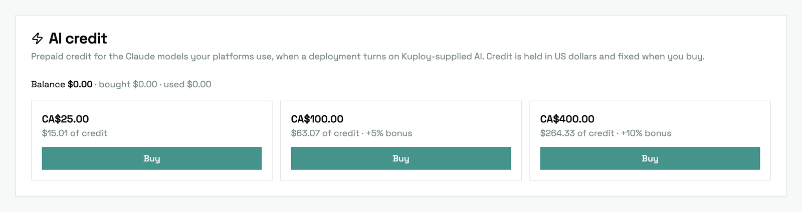 La carte de crédit IA sur la page Billing : votre solde, ce que vous avez acheté et utilisé, et un bouton Buy sur chaque lot