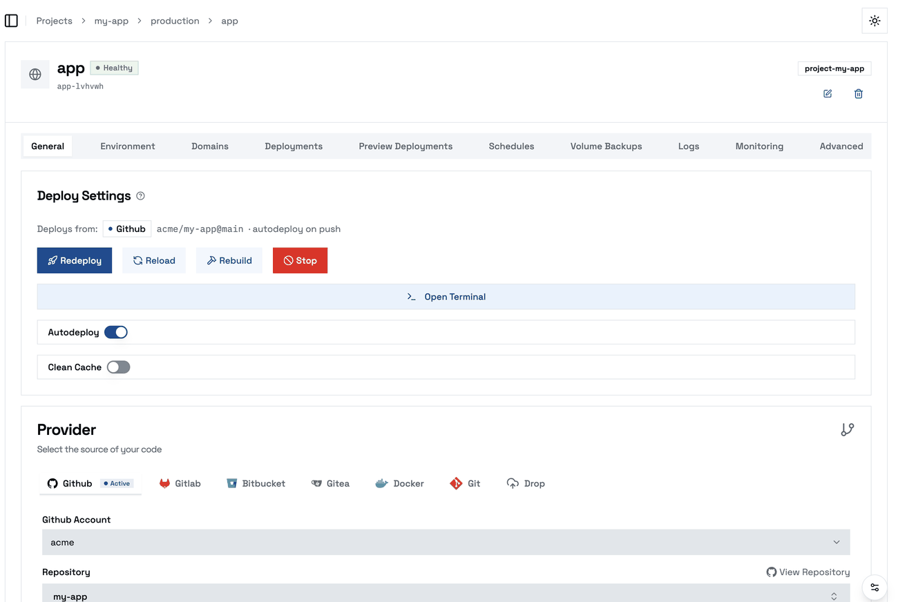 L’onglet General d’une application : d’où elle se déploie, et les boutons Redeploy, Reload, Rebuild et Stop