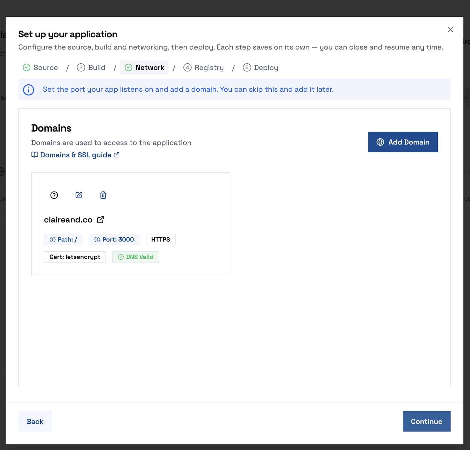 L’étape Network : les domaines rattachés à l’application