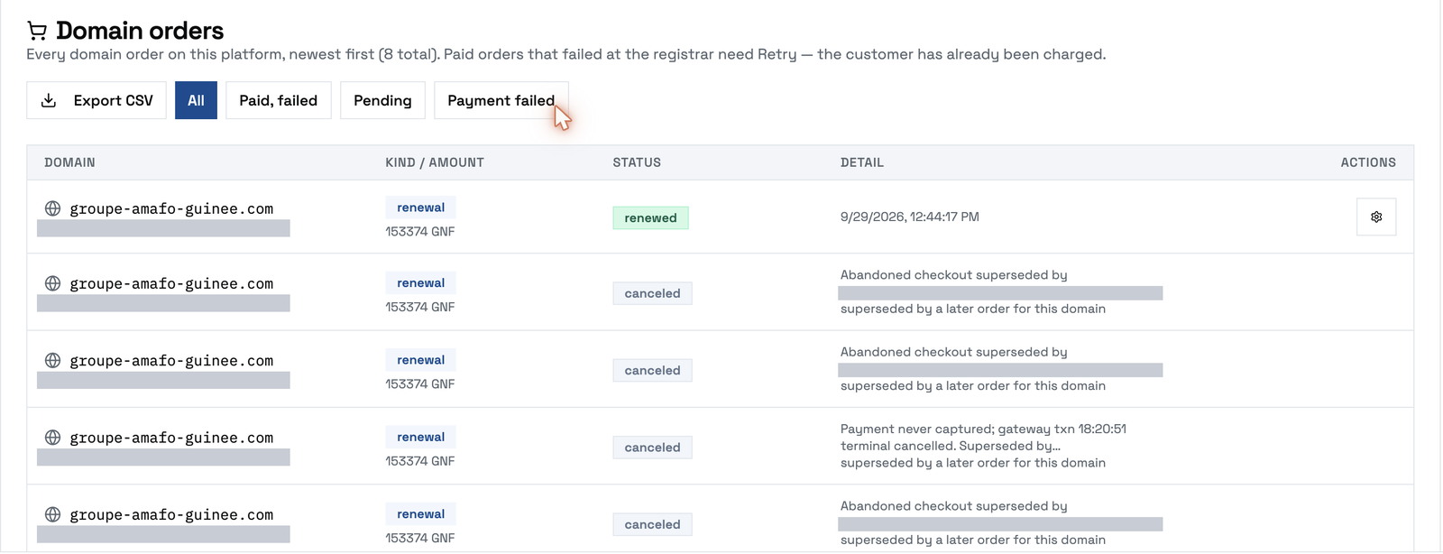 Admin → Purchase Domains : toutes les commandes, les plus récentes d’abord, avec les filtres d’état et Retry sur chaque ligne