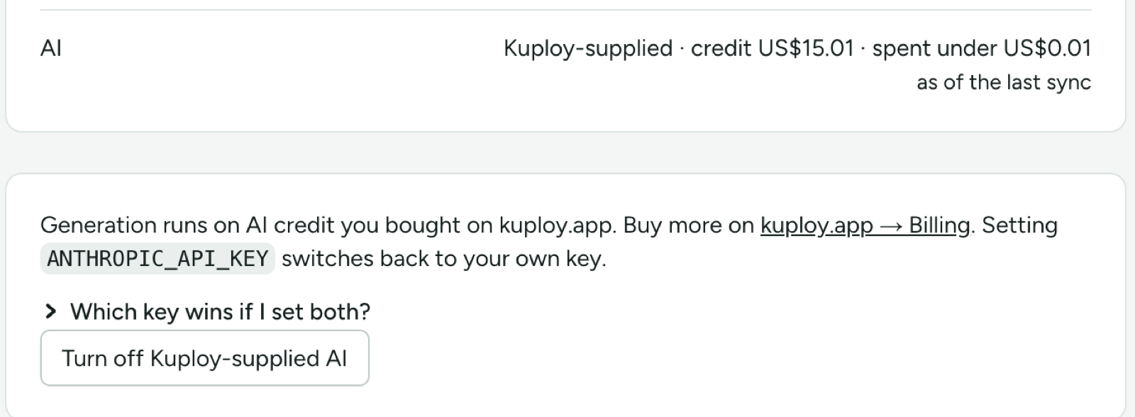 La page de licence sur l’IA fournie par Kuploy : la ligne AI indique credit US$15.01 · spent under US$0.01, à la dernière synchronisation, au-dessus de la carte avec Buy more on kuploy.app → Billing et Turn off Kuploy-supplied AI
