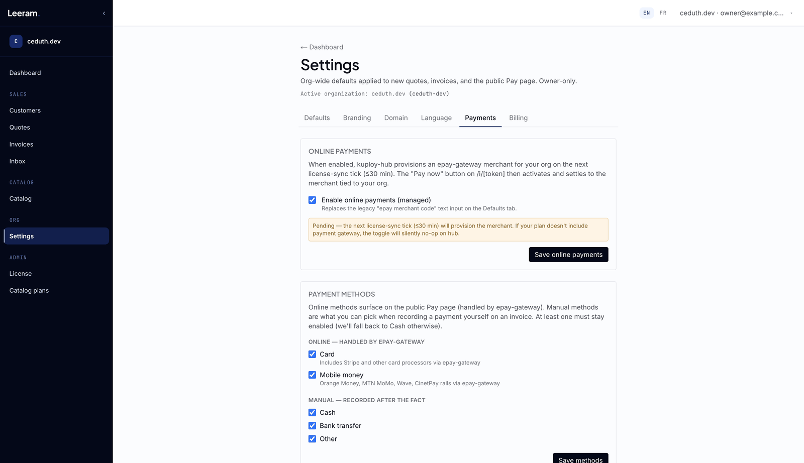 Leeram Business, Settings → Payments : activer les paiements en ligne pour une organisation