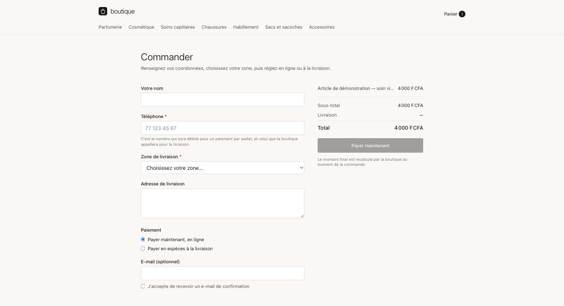 La page de commande : nom, téléphone, zone de livraison et adresse, avec le choix entre payer en ligne et payer à la livraison